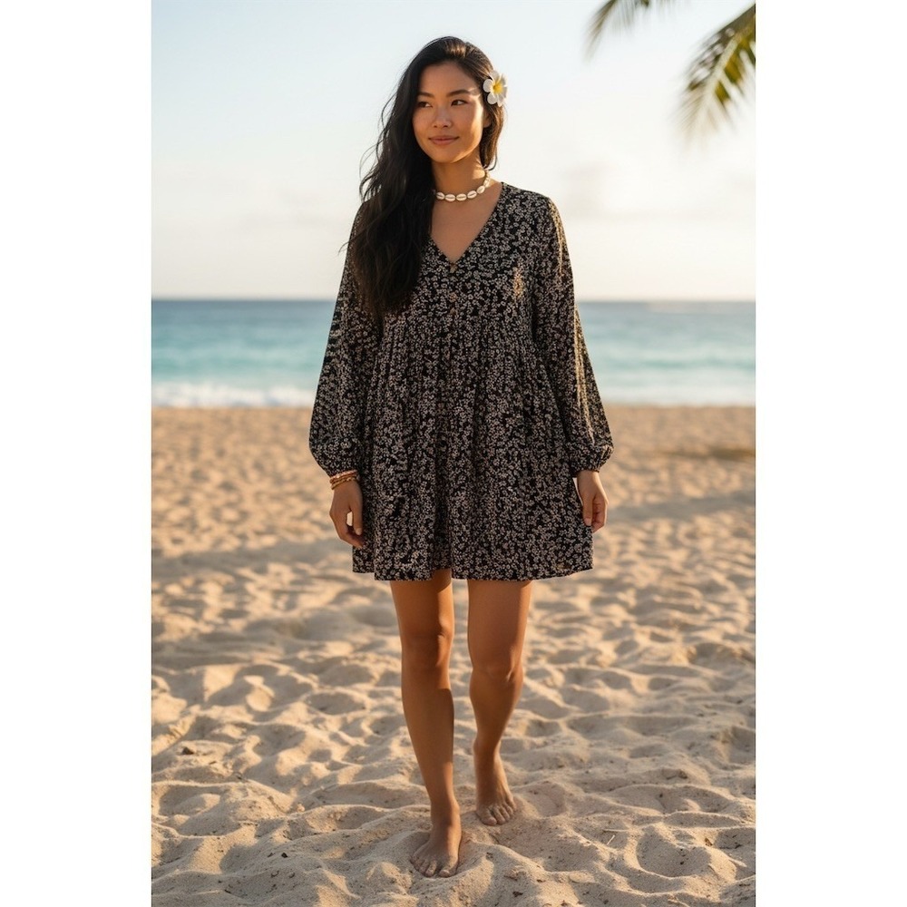 Billabong Dress Womens S/M Black Floral Babydoll Mini Long Sleeve Button coconut